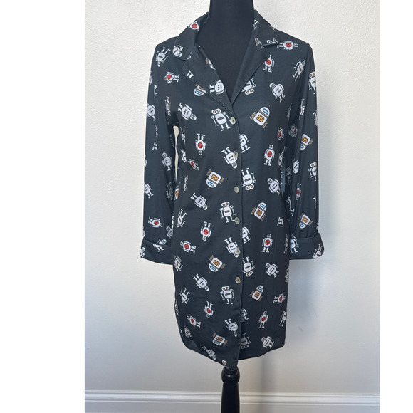 ModCloth Robot Breakfast For Dinner Long Sleeve Sleep Shirt Navy Women Sz S NWT - Picture 9 of 10